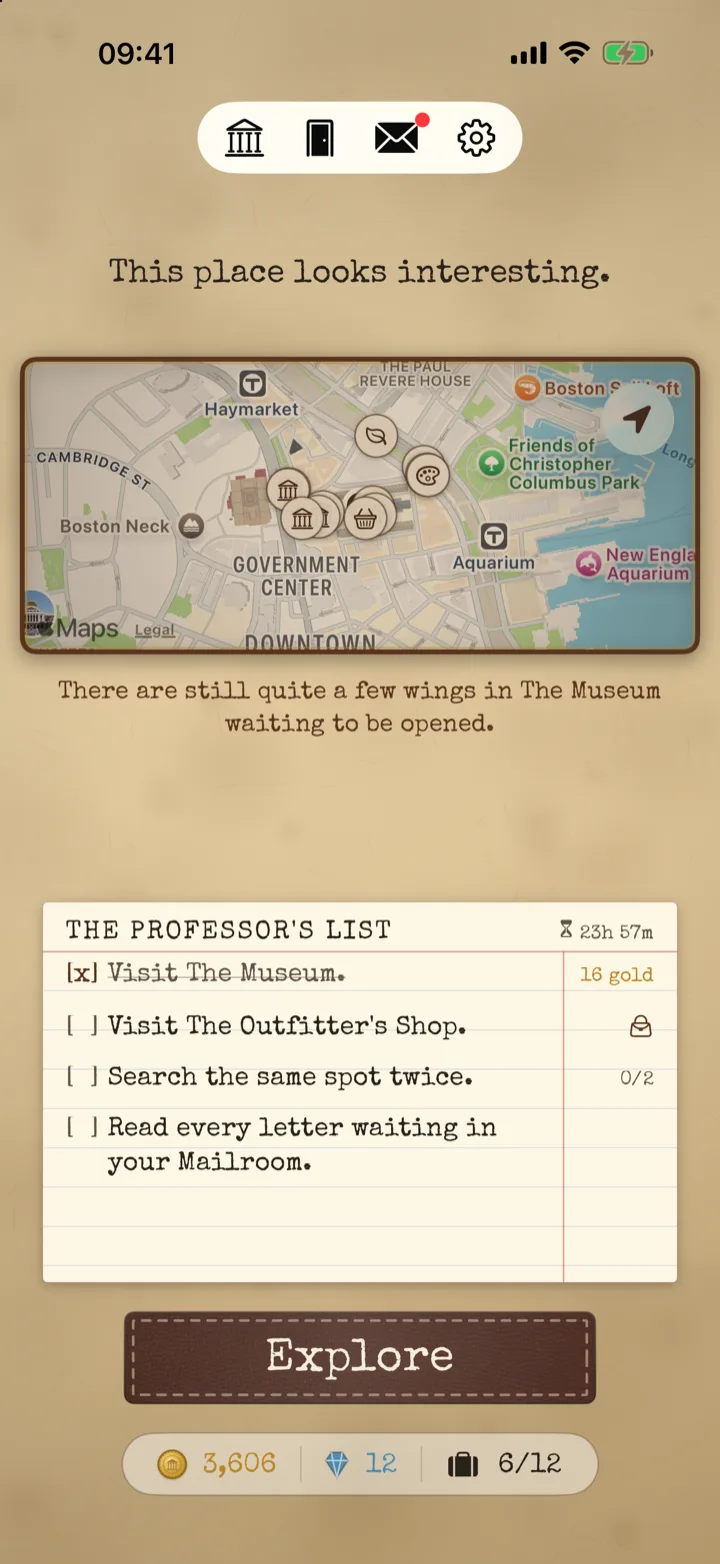 The Expedition home screen: an aged map of downtown Boston by Faneuil Hall, The Professor's List with one errand ticked off, and a leather Explore button