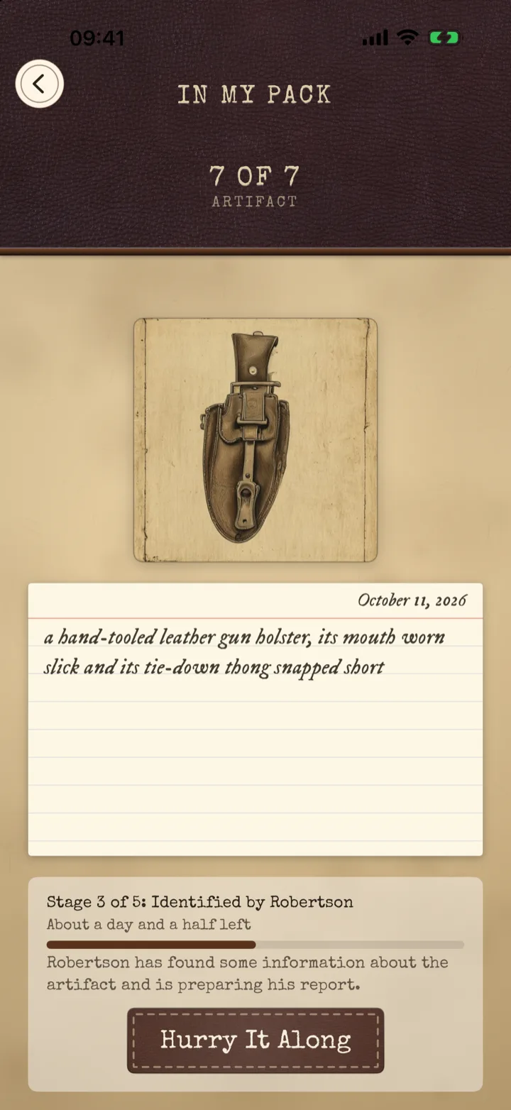 An unidentified leather holster in your pack, its review at stage three of five with about a day and a half left, and a button to hurry it along