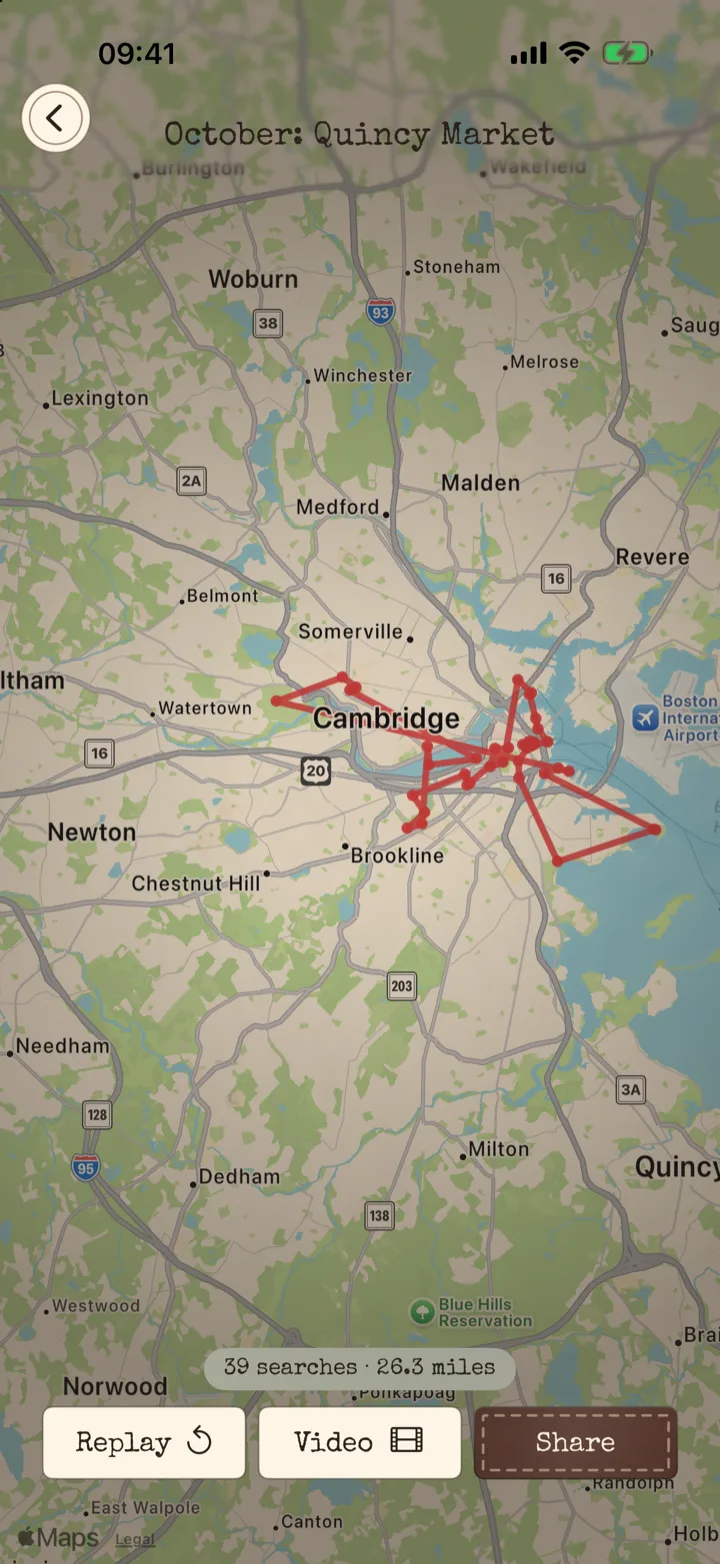 My Travels: a red route drawn across Boston and Cambridge on an aged chart, with 39 searches and 26.3 miles